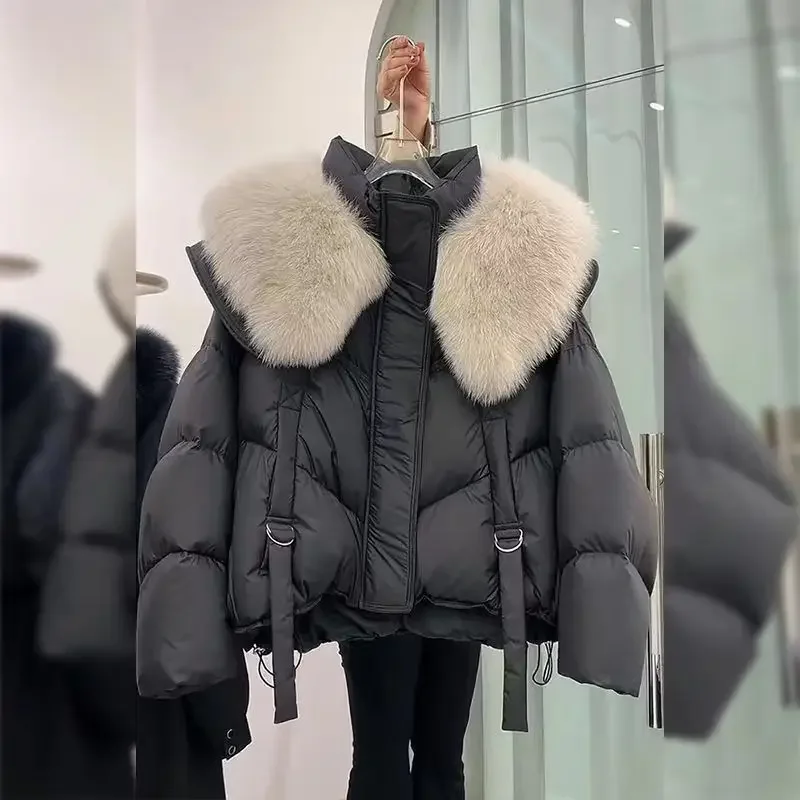 Warm Feather Stitching Casual Women's Down Jacket Fashion Korean Solid Long Sleeve Zipper Loose Large Size Winter Clothes Women