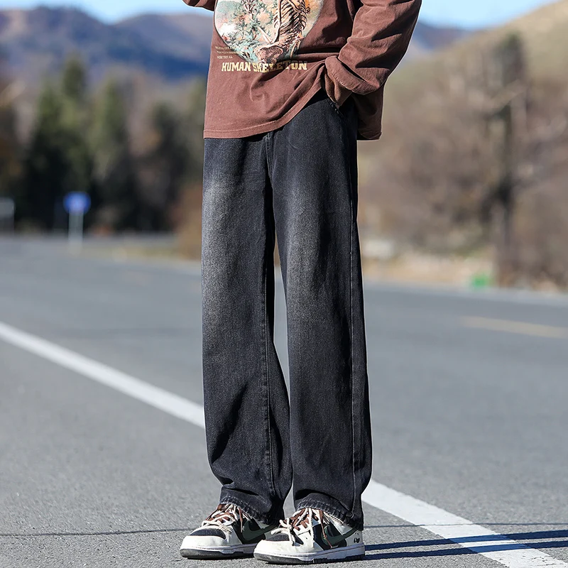 New High Waist Elastic Fashion Pocket Drawstring Solid Color Loose 2024 Autumn and Winter Men's Straight Tube Versatile Jeans