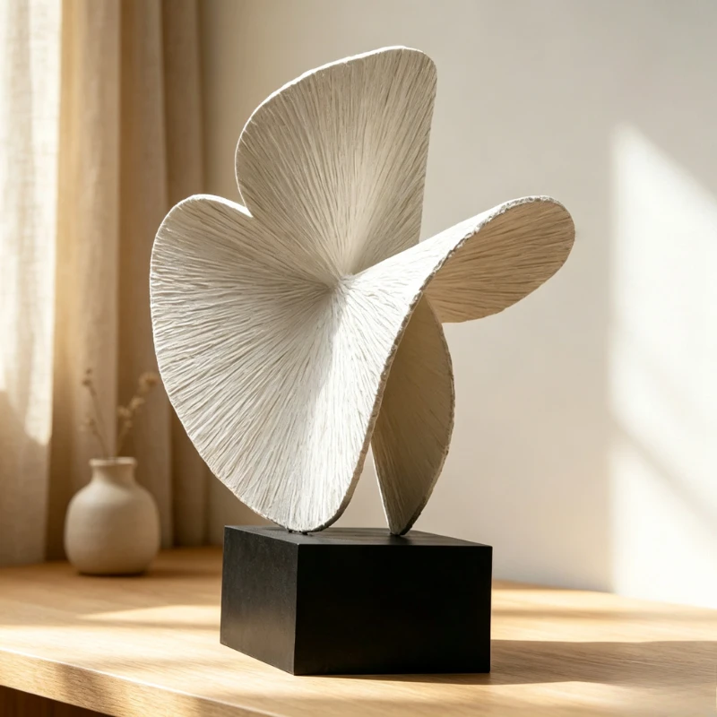Geometric Petal Stone Texture Sculpture Abstract Fan Resin Statue Table Decor for Living Room Entrance Showroom and Sales Office