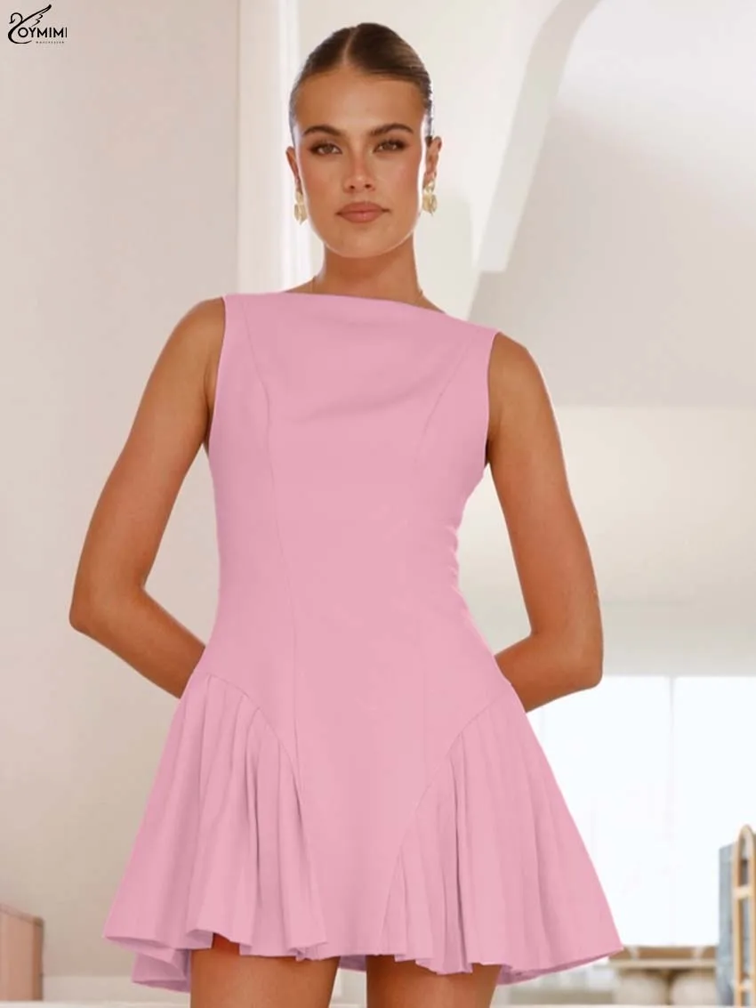 

Oymimi Fashion Pink O-Neck Dresses For Woman Elegant Sleeveless Open Back Zipper Dresses Autumn Pleated Mini Dress Streetwear