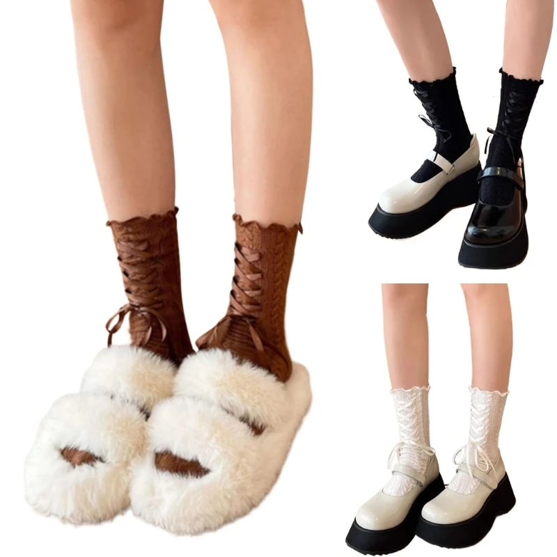 

Women Ballet Style Bowknot Ankle Socks Lolita Girls Ruffle Frilly Calf Socks JK Uniform Middle Tube Socks for School Daily Wear