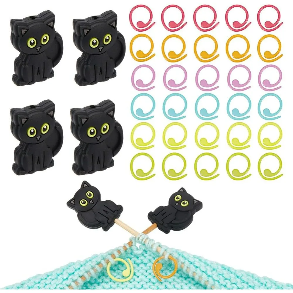 

4 Pcs Knitting Needle Stoppers, 30 Pcs Knitting Stitch Marker Rings Cat Needle Point Protectors with a Storage Box Knitting