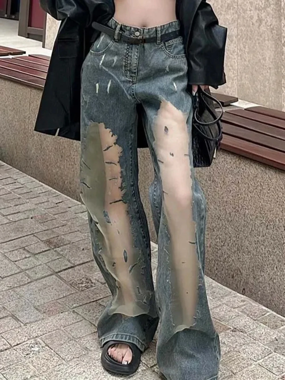 

Denim Pants for Women 2025 Quality Top Selling Loosefit Woman Wide Leg Jeans Emo Original Mesh Splicing High Waist Shot Trousers