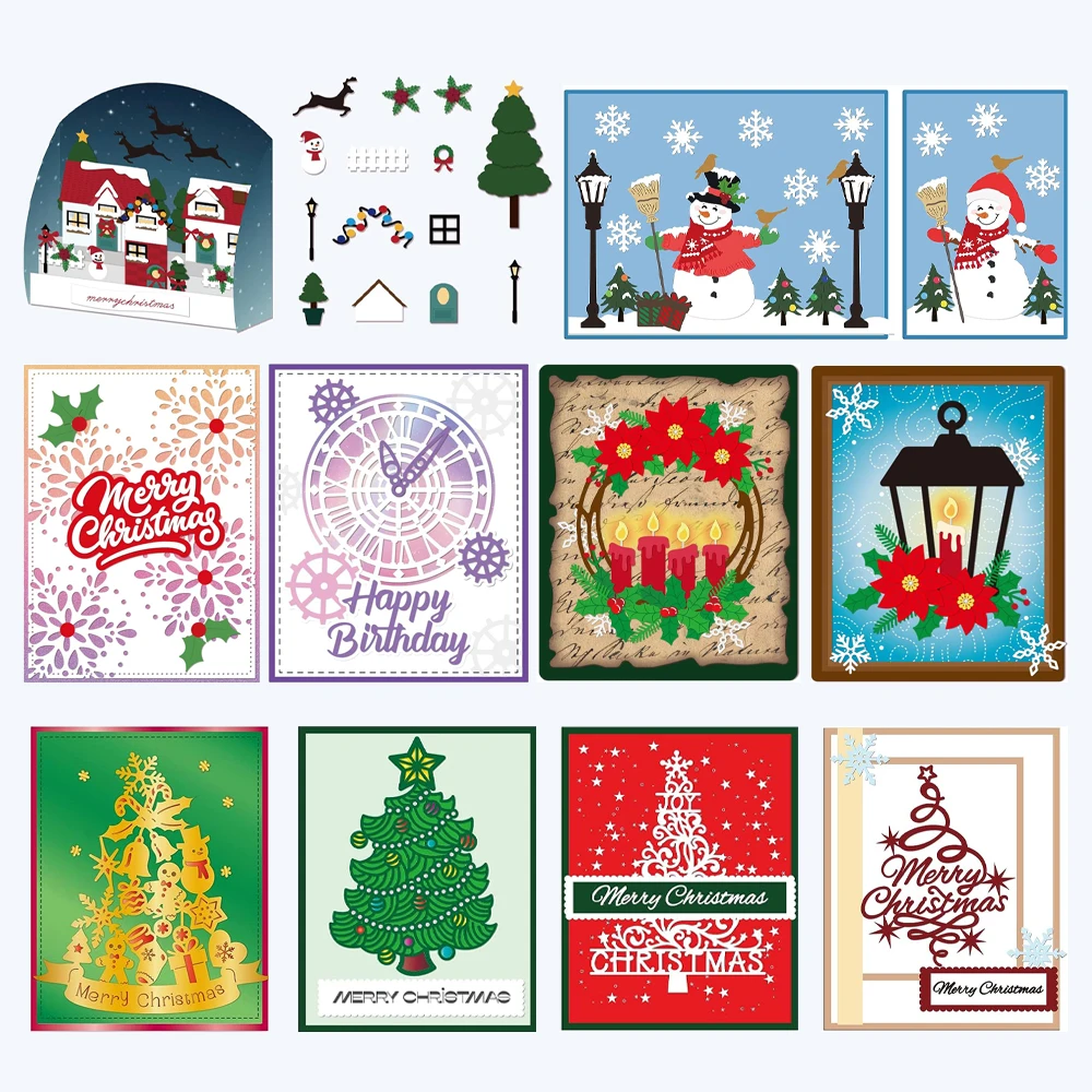 3D Christmas House Set Cutting Dies Christmas Tree Snowman Die Cuts Reindeer Lights Carbon Steel Die Cutting Template