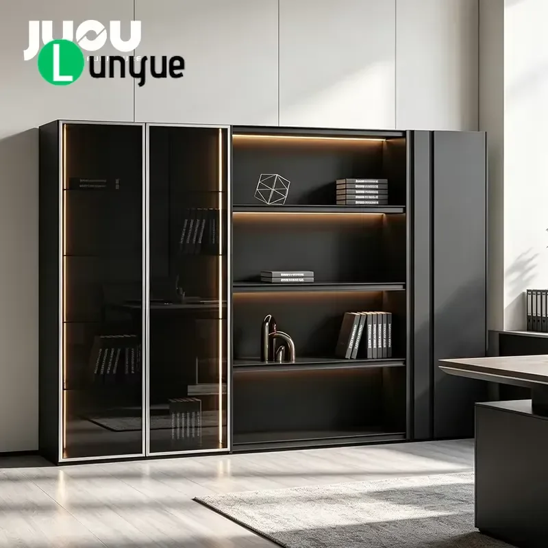 Modern Light Luxury 3 Door Wooden Bookcase Glass Front Office Storage Cabinet File Organizer for Home Workshop High End