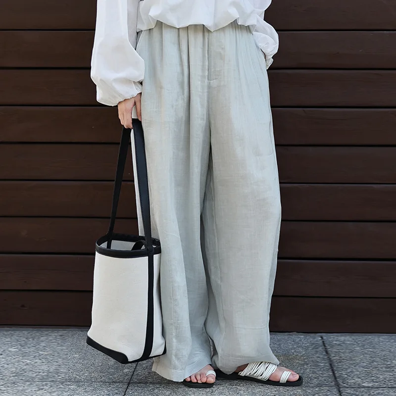 

Элегантные шелковые брюки-палаццо свободного прямого кроя для женщин, летние повседневные, с высокой талией, длинные, из хлопка и льна