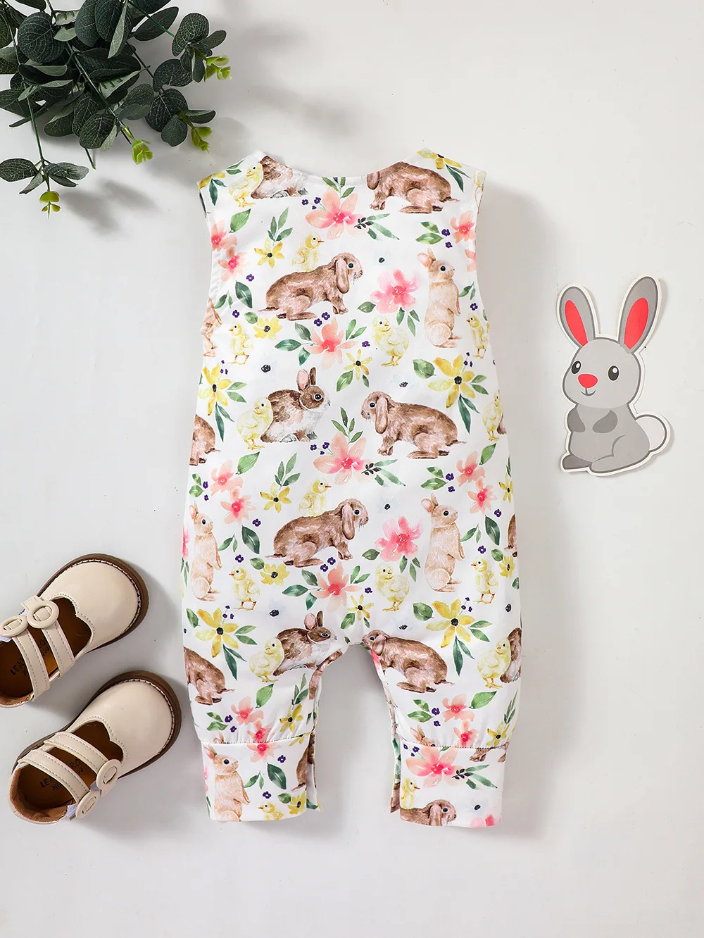 Hey Baby Summer New neonato ragazzi e ragazze Easter Bunny Print tuta intera aperta senza maniche