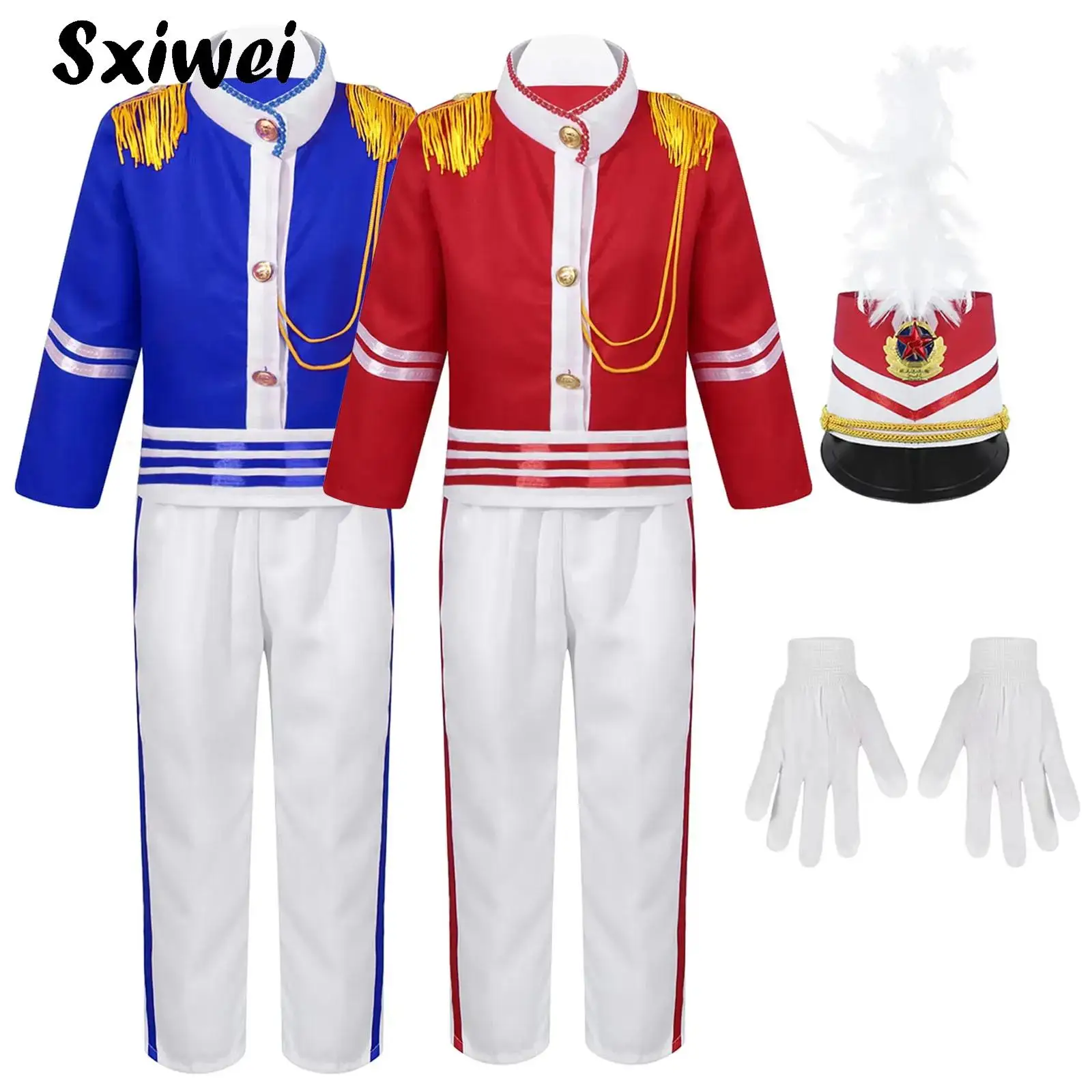Unisex Girls Boys Drum Major Outfit Halloween Carnival Marching Band Performance Uniform Jacket Pants Mini Skirt Gloves Hat Sets