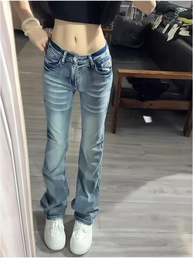 Women Low Waist Gradient Wash Flare Jeans Y2K Vintage Faded Slim‑fit Bell‑Bottom Denim Pants Casual Streetwear Long Trousers