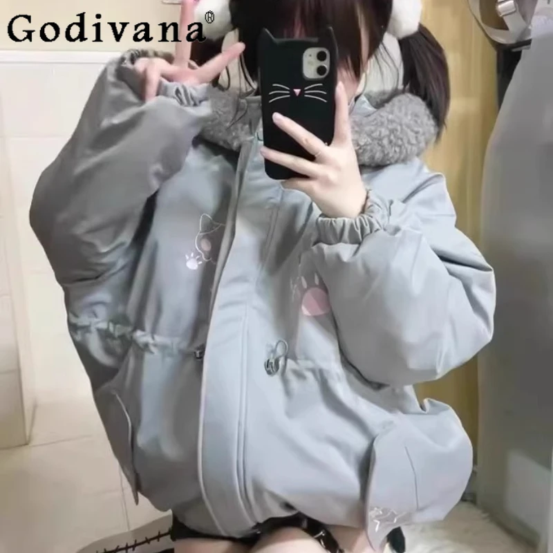 Japanese Girls Kawaii 2D Cute Embroidered Hooded Down Parka Winter New 2025 Subculture Y2K Warm Thickened Short Parka Coat