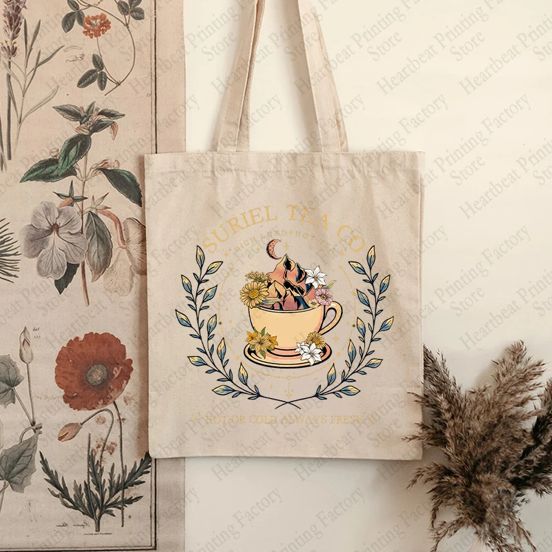 Suriel Tea Co Pattern Tote Bag Canvas Book Lover borsa a tracolla per il viaggio quotidiano borsa per la spesa riutilizzabile da donna