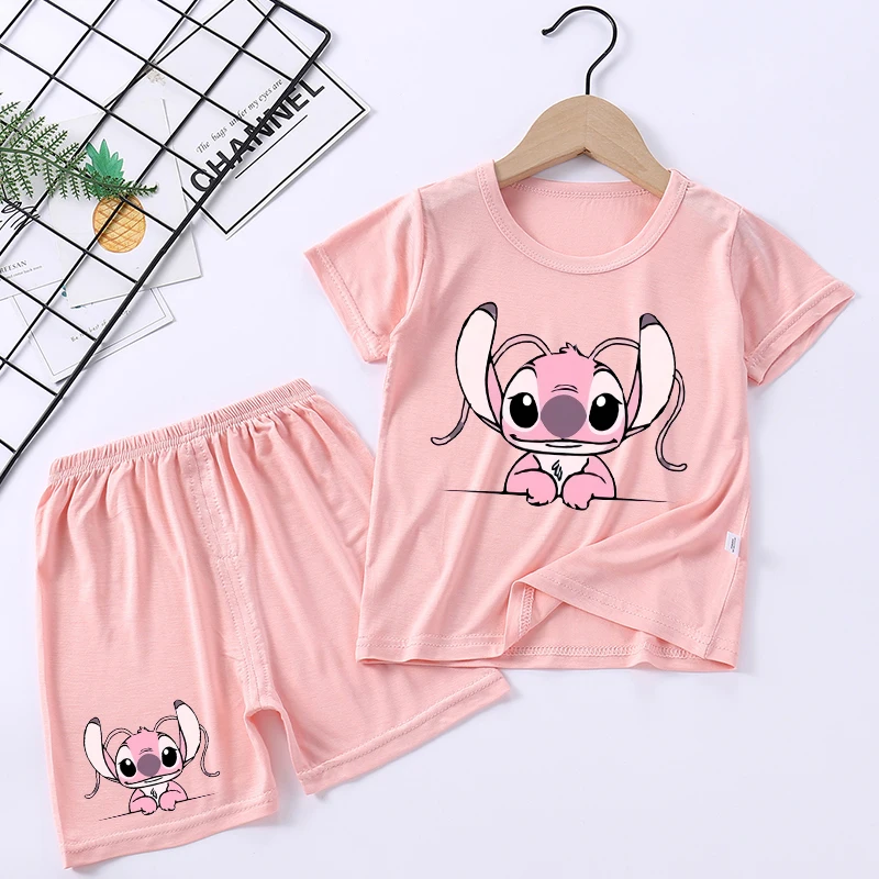 Conjunto de pijama Kawaii Stitch para bebé y niña, ropa de dormir de dibujos animados, traje de manga corta, Tops y pantalones, 2 piezas