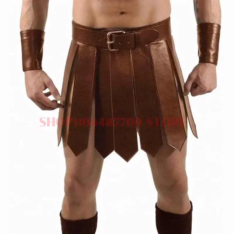 

Medieval Greek Cosplay Costume Men Women Steampunk PU Leather Armor Dress Ancient Roman Belt Skirt Dress