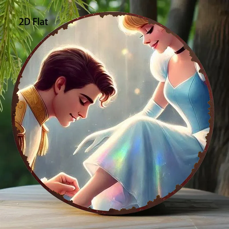 1 pieza de arte redondo de aluminio de Disney "Cuento de hadas de ensueño: el momento romántico de la princesa azul y el príncipe", diseño de personajes clásicos,