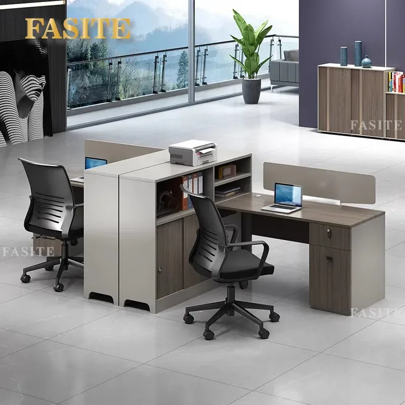 For 4/6 Person Office Workstation Desk with Screen Partition Right Angle Computer Desk Staff Card Seat Chair Combination