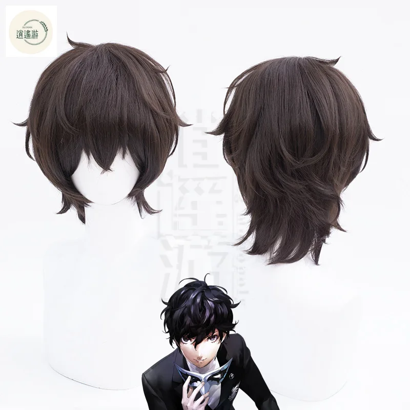 Anime Game Persona 5 Ren Amamiya Cos Perruque, Noir, Marron, Degré de Chaleur, Cheveux Synthétiques, Halloween, ixCosplay Perruques + Bonnet Perruque, 30cm