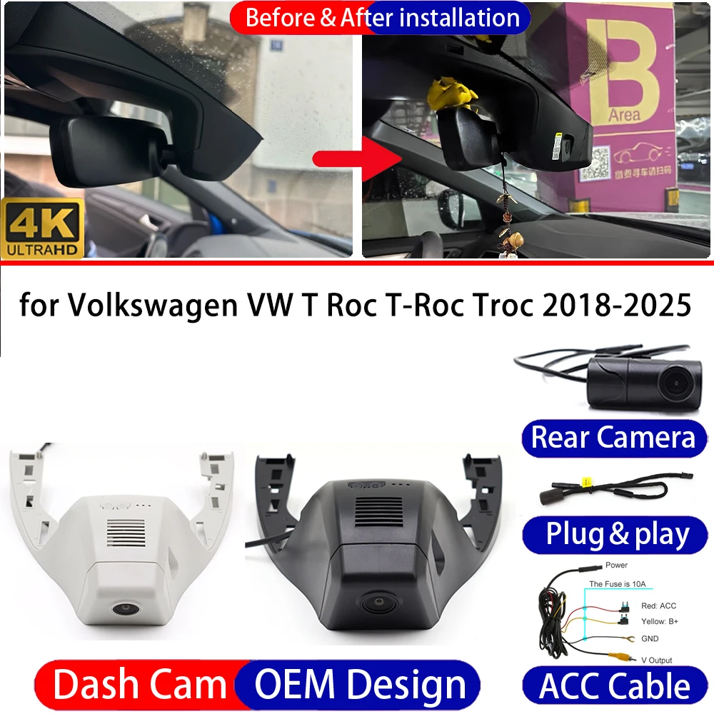 Dash Cam for Volkswagen VW T Roc T-Roc Troc 2018-2025 Front＆Rear 4K UHD DVR Dashboard Camera Video Drive Recorder Night Vision