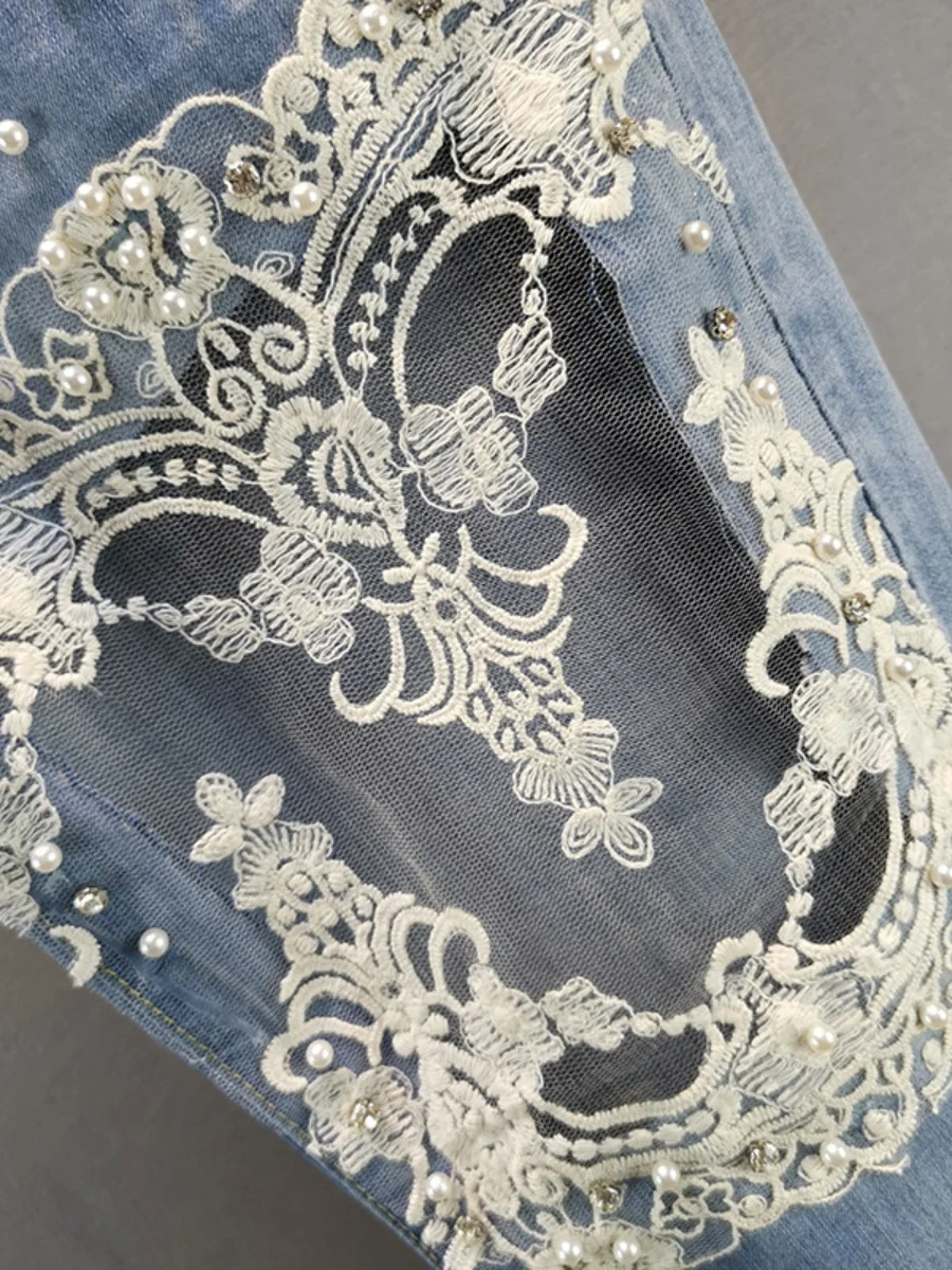 Chic Heavy Industry Beaded Ripped Lace Hollow Out Jeans Women Loose Slimming Thin Denim Pants 2023 New Summer Pantalones Mujer