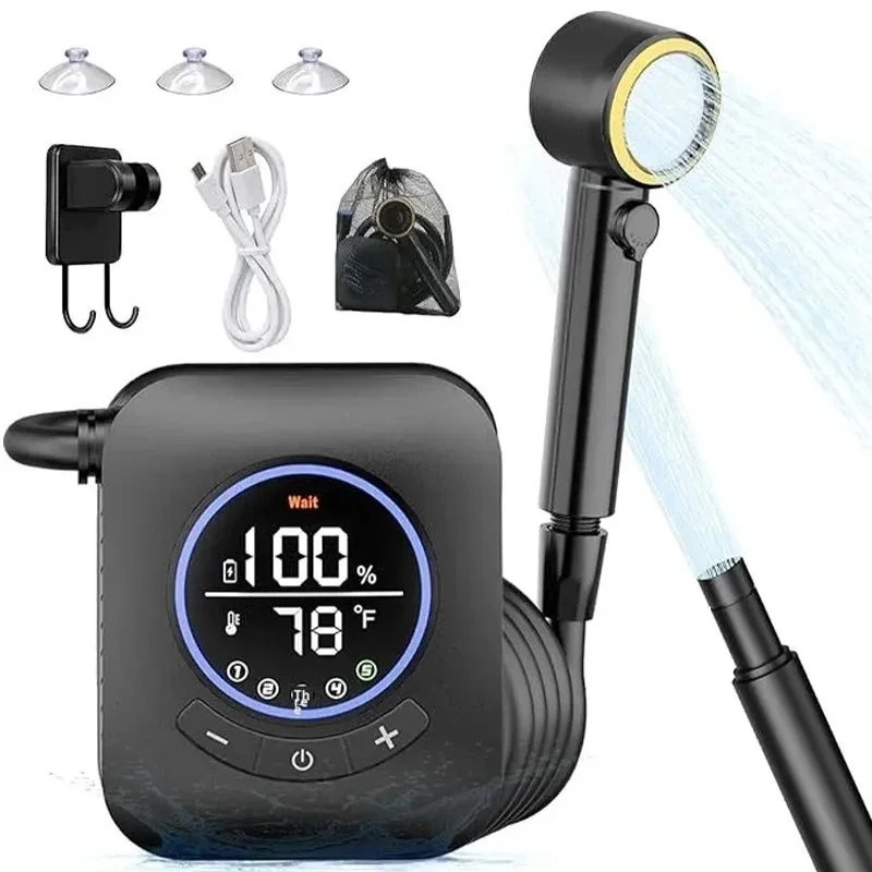 8000mAh IPX8 Waterproof Electric Rechargeable Shower Pump with Display 5 Spray Modes Portable Shower for Camping Outdoor Bathing
