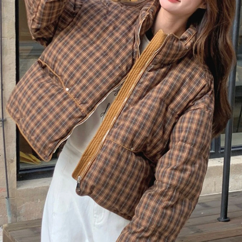 ملابس نسائية قصيرة منقوشة بالقطن لشتاء 2025 ملابس خبز جديدة بياقة واقفة #2