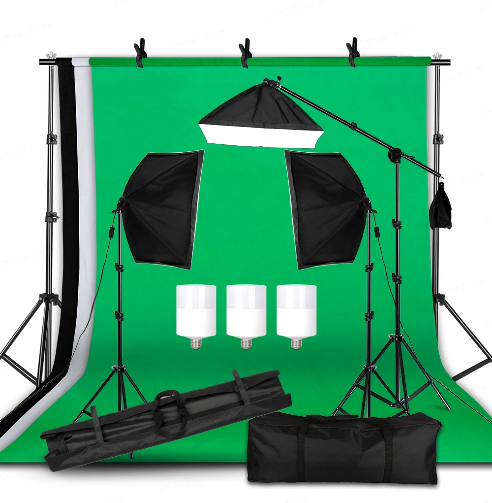 SH Photo Studio LED Softbox Lighting Kit Boom Arm Background Support Stand 3 Color Green Backdrop for Photography Video Shooting