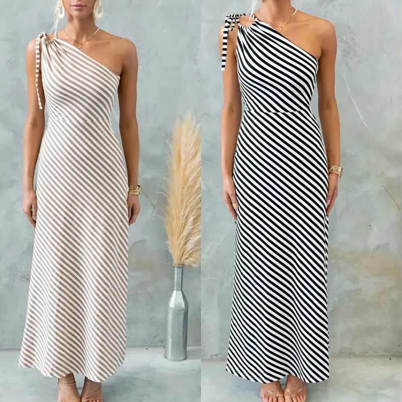 فستان كاجوال عصري مخطط بقصة ضيقة بكتف واحد وأربطة للنساء في ربيع وصيف 2025، فستان طويل جديد بدون أكمام