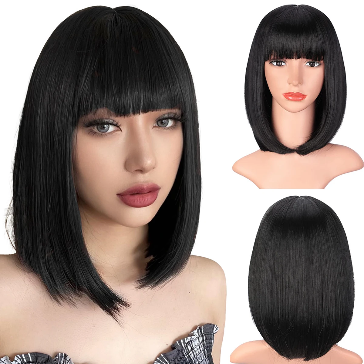 

Короткие прямые парики боб с челкой Синтетические прямые волосы на всю голову Аккуратная челка с естественным видом для ежедневного использования на вечеринке