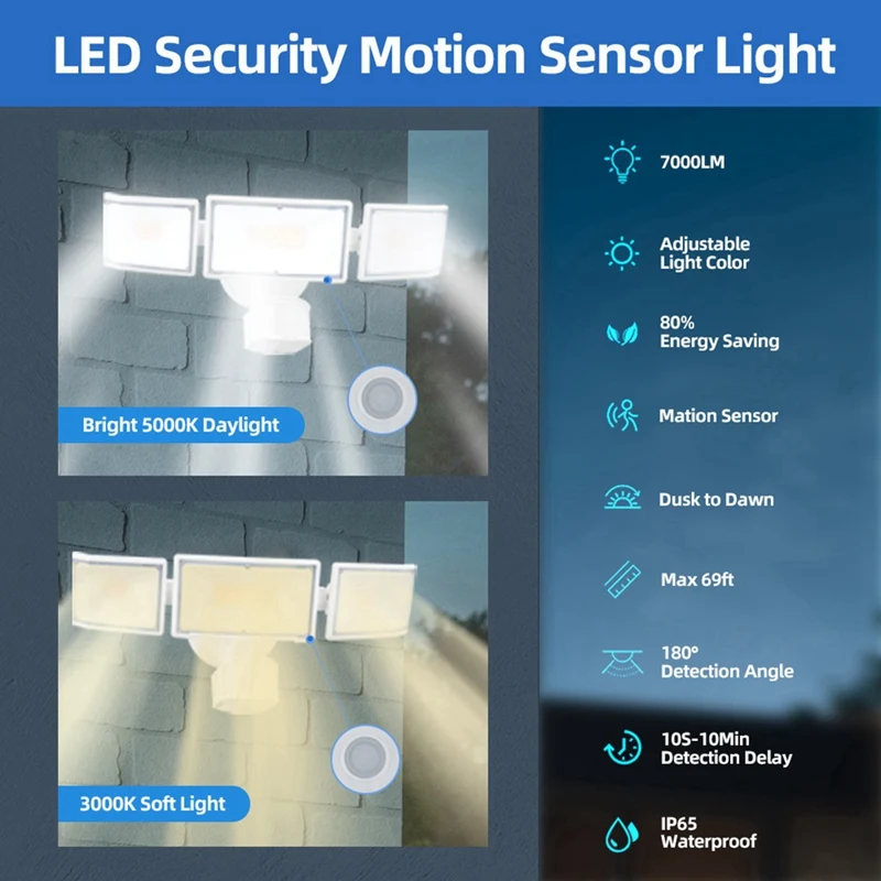 ABAE-70W 7000LM Luces LED con sensor de movimiento para exteriores, luces de inundación para exteriores, luces para exteriores, casa, garaje, patio