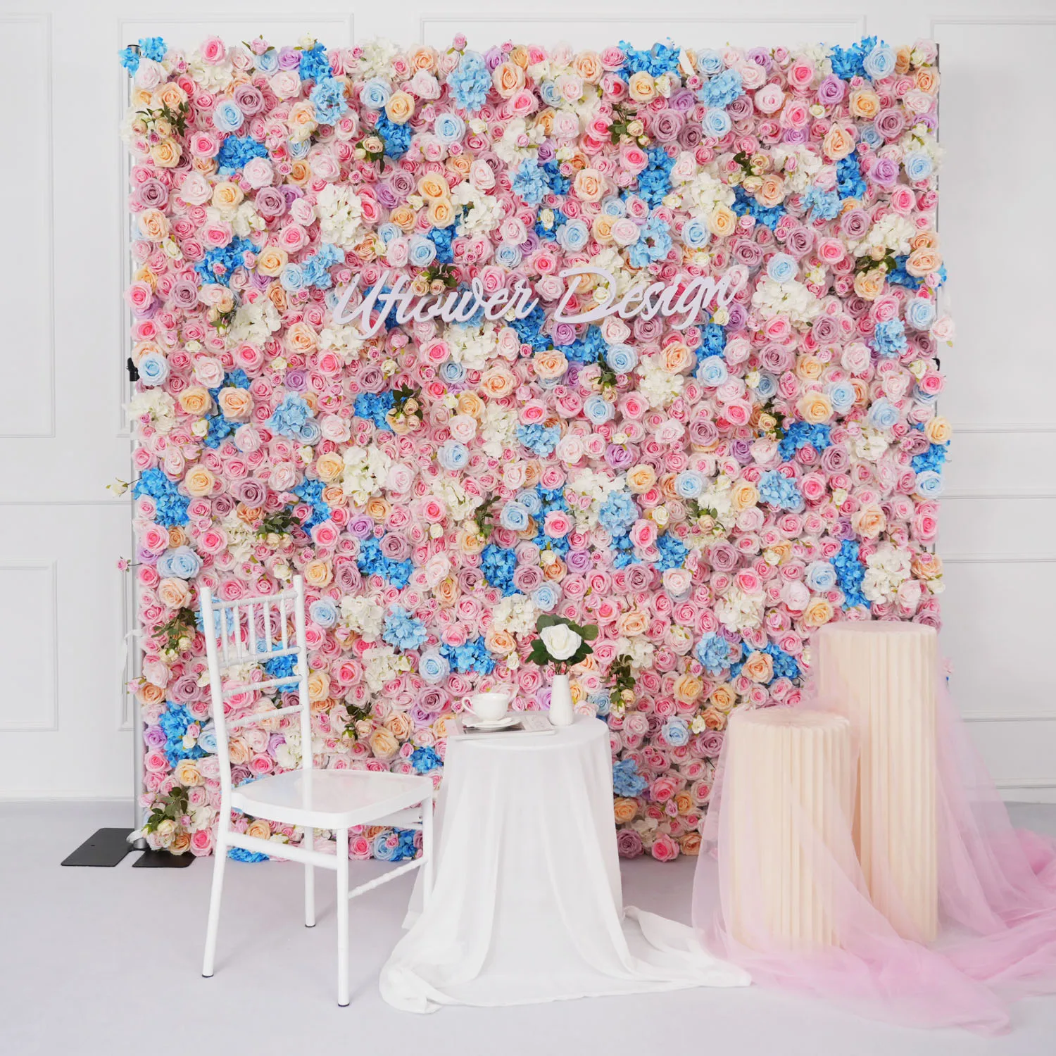 Uflower Flower Wall Pink Blue Rose Hydrangea Gradient Rolling Up Cloth Curtain Wedding Decoration Backdrop Decoration Party Prop