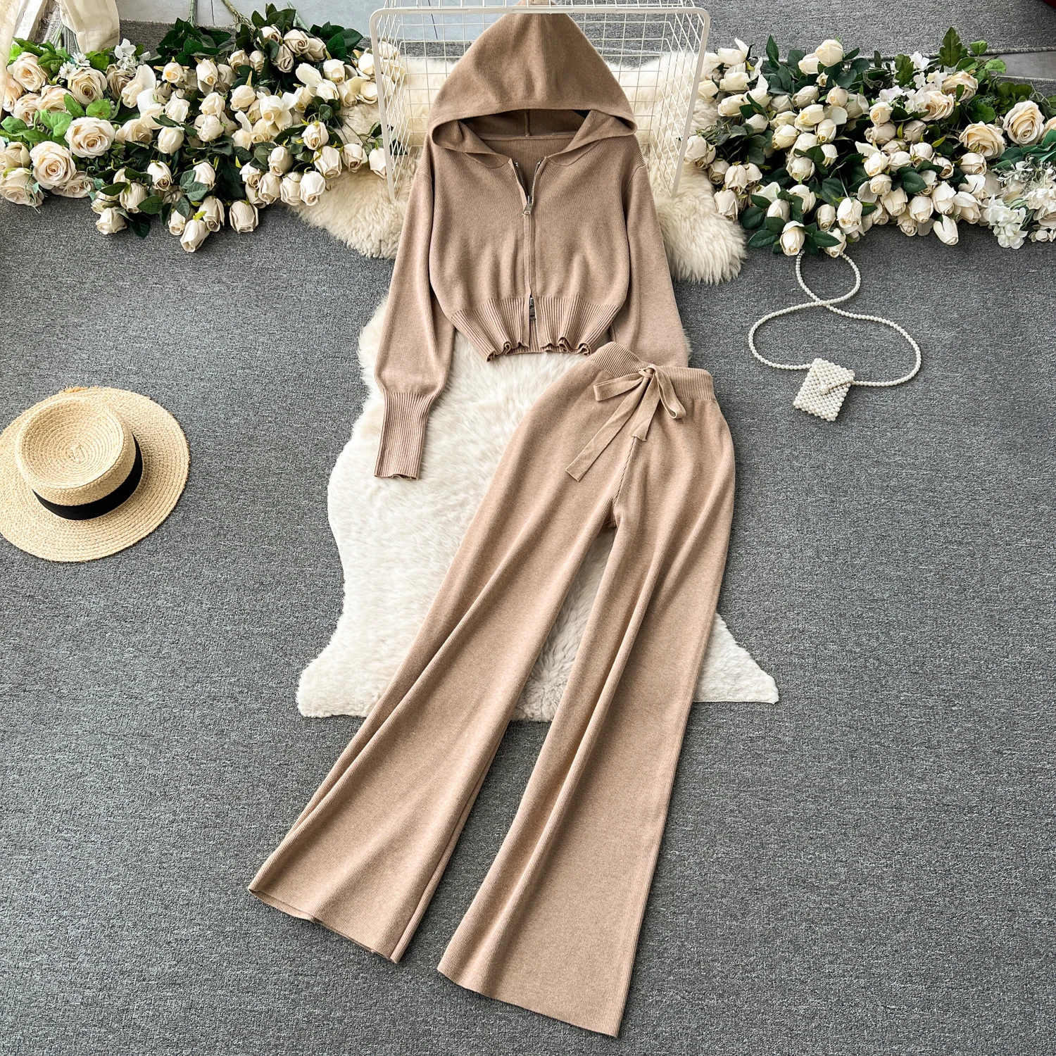 

ALPHALMODA Leisure Sports Knitwear Two Piece Set Women's Autumn Winter Hooded Sweater Coat Drawstring Waist Wide Leg Long Pants