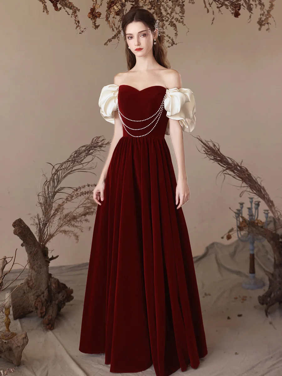 Velour Evening Dresses Off Shoulder 2024 Ruffle Edge Wave Floor Length Classic Prom Dress With Pearl Luxury Wedding  Dress