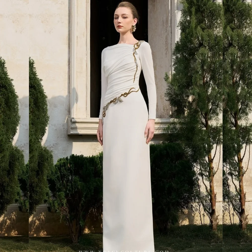 Personalizado intrincado combinando jérsei lantejoulas plissado a linha colher pescoço vestidos longos sob medida ocasião elegante