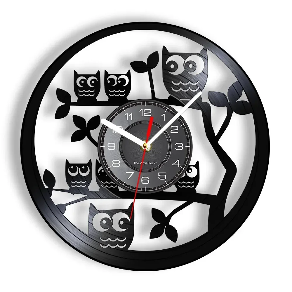 Baby Owls Vinyl Record Wall Clock Home Decoration Children's Room 7-color Remote Control LED Night Bird Vinyl Art Clock Gift