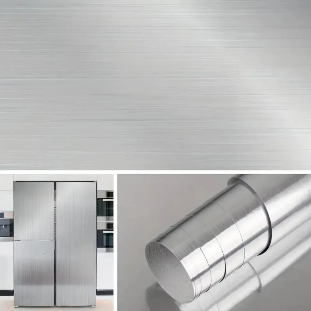 PVC Material Wallpaper Decor Film Waterproof Oil-Proof Removable Wallpaper 40 cm Width Stainless Brushed Silver Wall Sticker