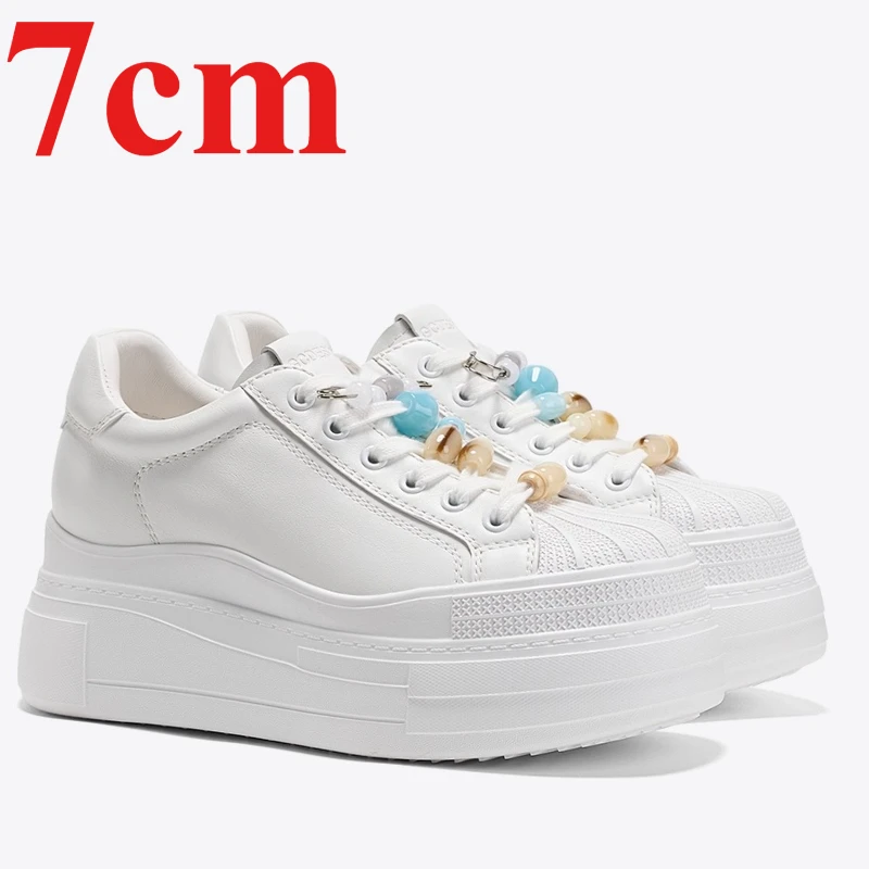 

Europe Fashion Bead Design 7cm Height Increasing Shoes Women's White Thick Soled Board Shoes Genuine Leather Casual Sports Shoes