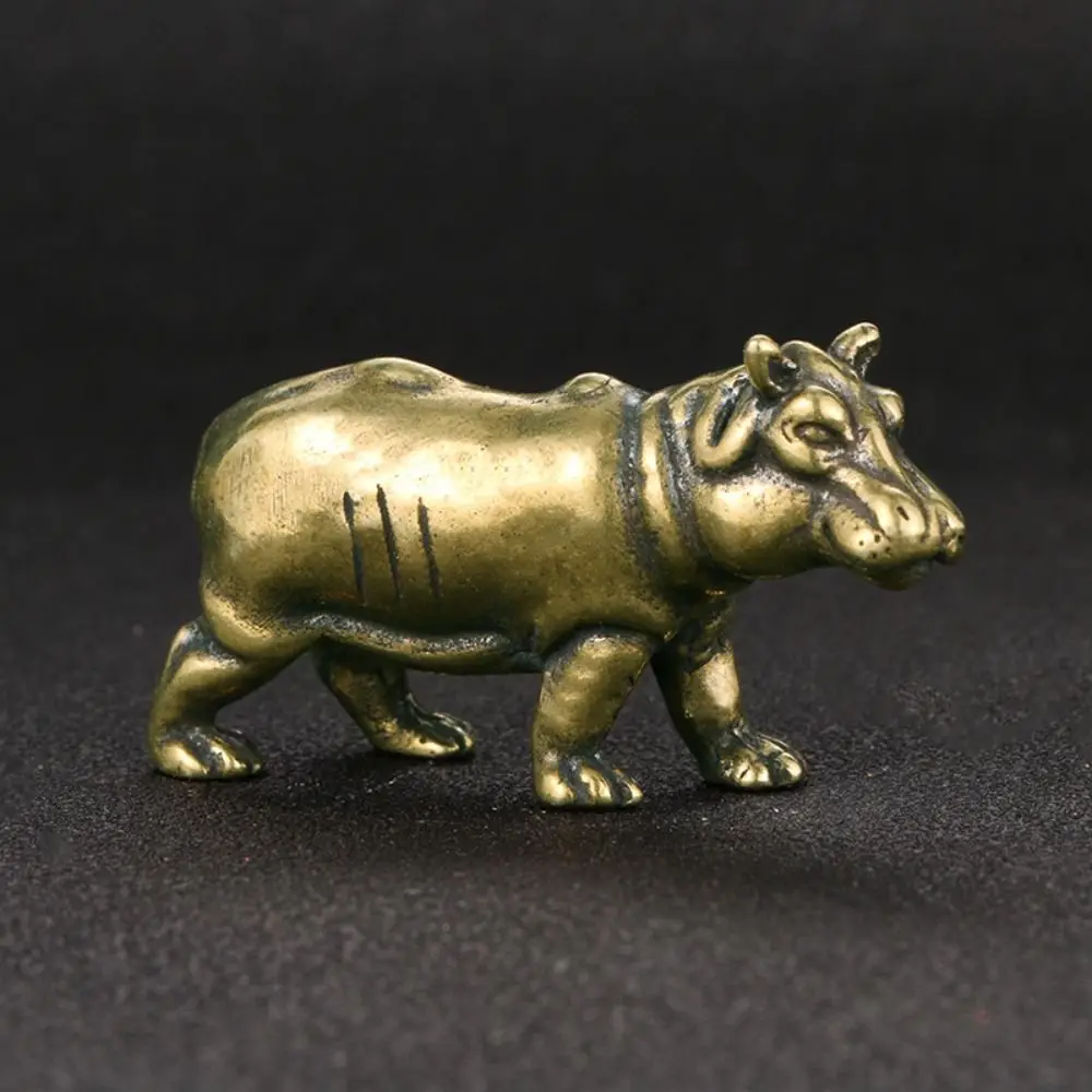 Retro Solid Brass Hippo Figurines Lucky Exquisite Mini Hippo Sculpture Copper Handmade Hippo Small Statue Home Office Decor