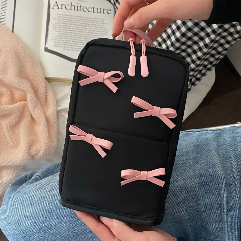 

Pink Bowknot Nylon Vertical Makeup Bag Pencil Case Partitioned Bow Cosmetic Bag Makeup Brush Storage Waterproof