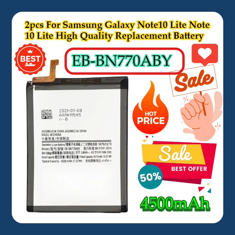 2pcs For Samsung Galaxy Note10 Lite Note 10 Lite EB-BN770ABY 4500mAh High Quality Replacement Battery