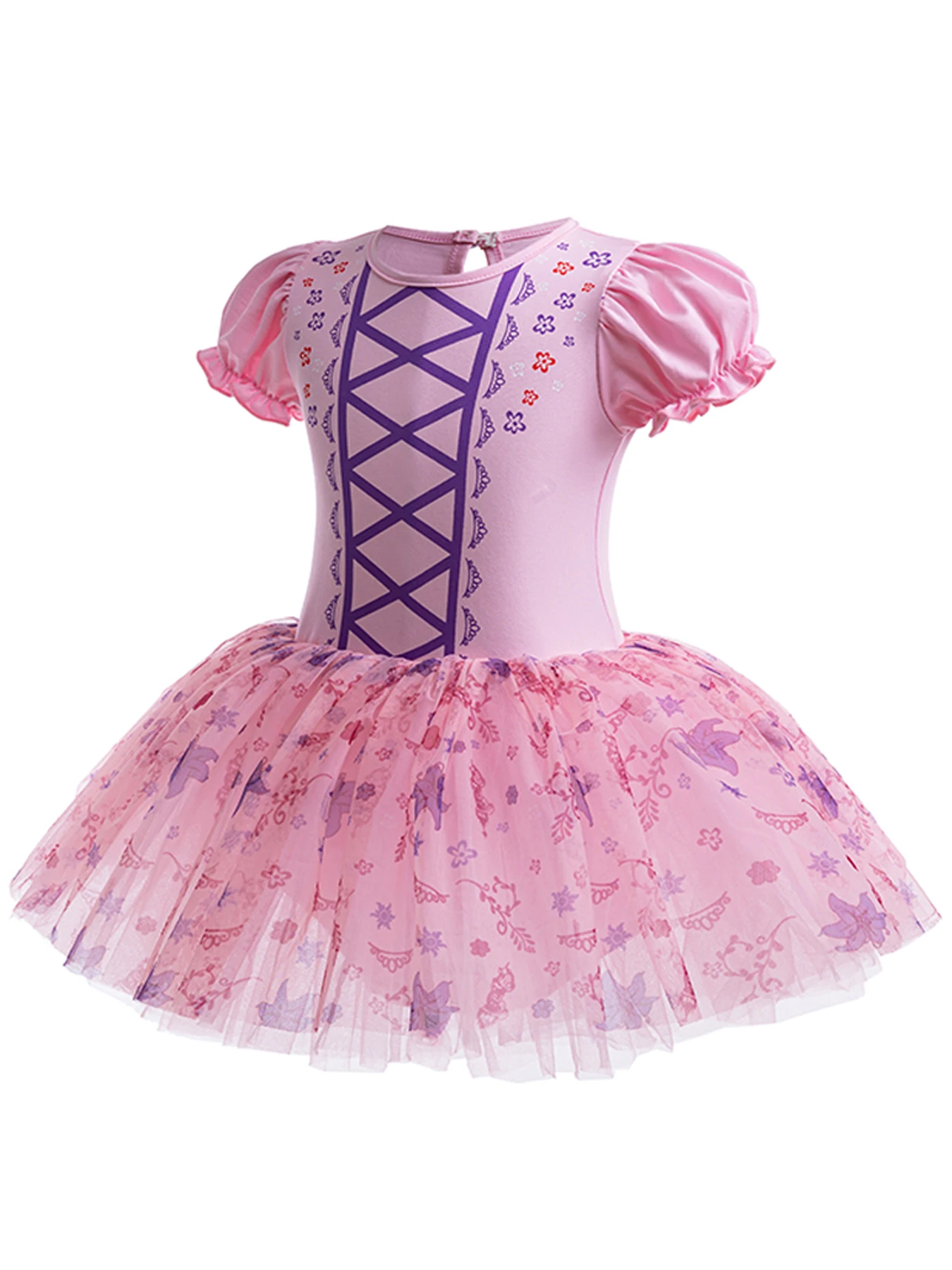 Girls  soft cotton tutu, printed pattern mesh patchwork tutu, elegant style short-sleeved ballet practice skirt