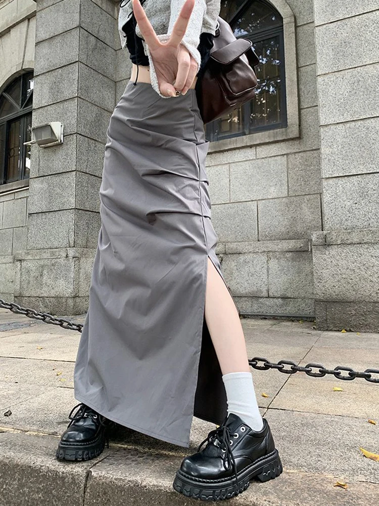 Zoki Streetwear Retro Cargo Long Skirts Women High Waist Casual Y2K Slit Skirt American Harajuku Vintage Design Lady Slim Skirts