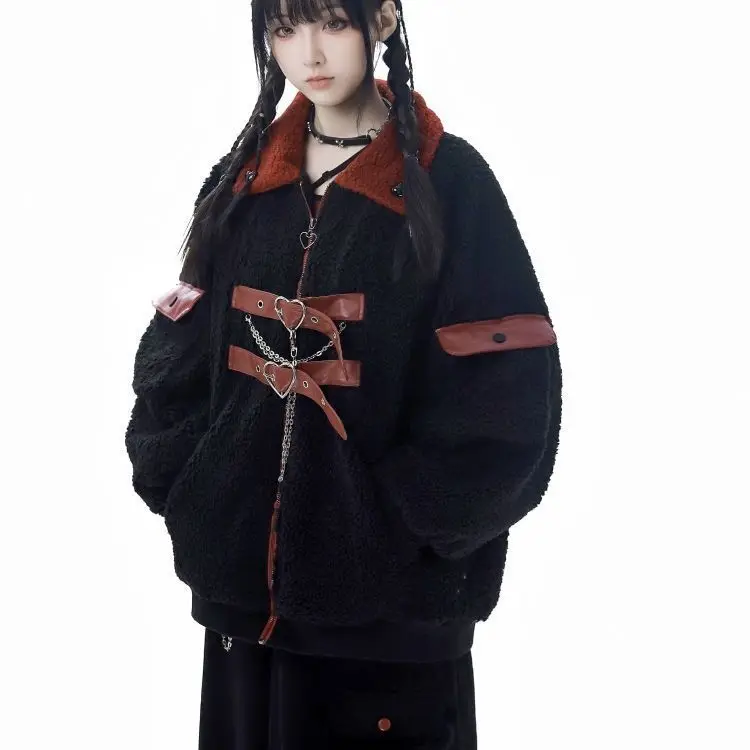 

Y2K Эстетическая красная, черная лоскутная куртка из искусственной кожи в стиле гранж-панк, тонкое зимнее толстое пальто в стиле ретро, женская модная верхняя одежда, новинка