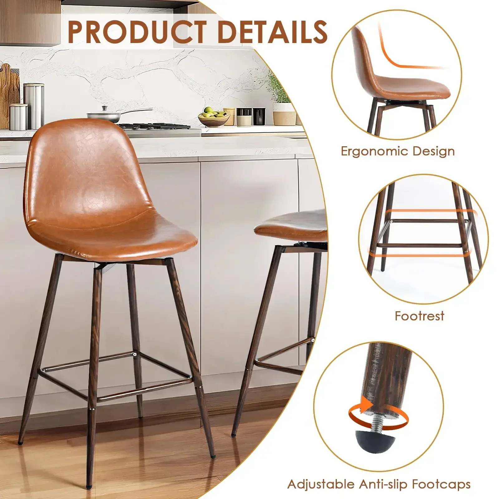 26" Counter Height Bar Stools Set of 2, Swivel Stools for Kitchen Island, Caramel Brown