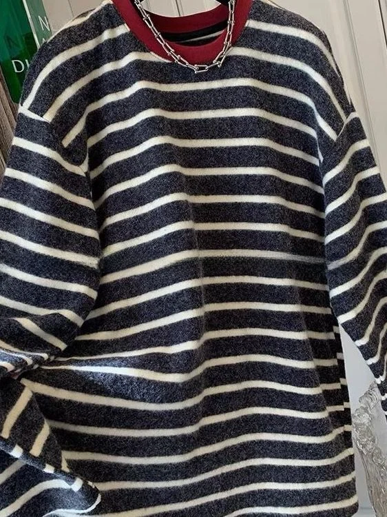 

plus Size Women's Thiened Long Sve T-irt Loose Fit Base Layer Vintage Striped Soft Cotton Autumn Winter Casual Top