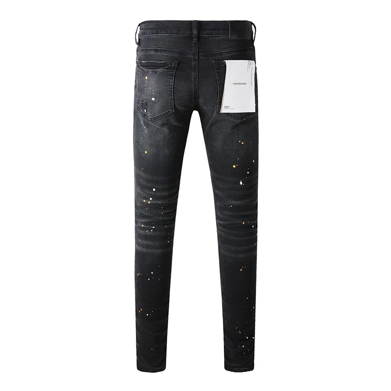 Men's Distressed Light Black Skinny Button Fly Americans High Street Style Slim Fit Ripped Holes Graffiti Jeans