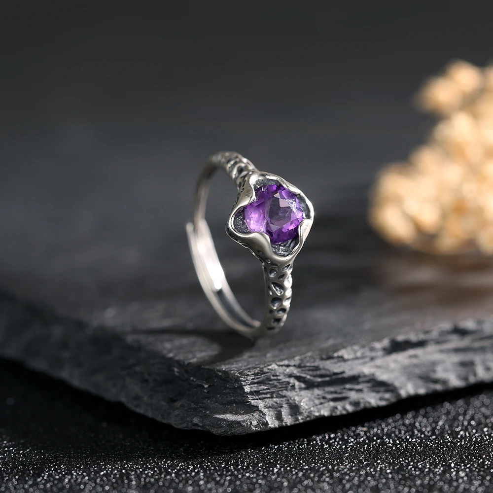 Natural Amethyst Stone Faceted Cut Gems S925 Silver Ring Shank Adjustable Chic Leopard Pattern Design Women's Daily Wear Jewelry