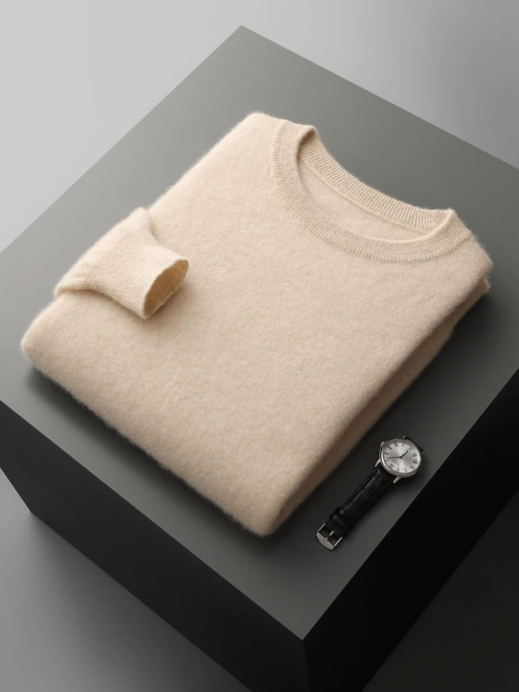 100% Merino Wool Men's O-Neck Long Sleeve Pullover Sweater Spring Autumn Smart Casual Pure Color Jumper Cashmere Knitwear Tops