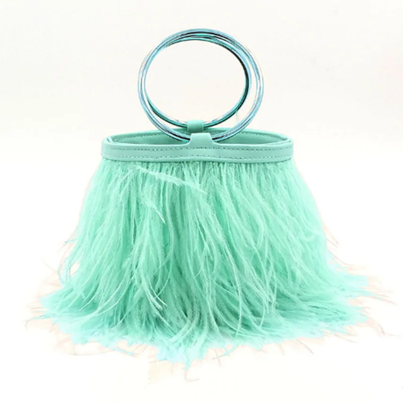 

Wedding Bag Ostrich Feather Bucket Handbag for Women Luxury Fashion Purses and Handbags Designer Party Clutch Chain Shoulder Bag