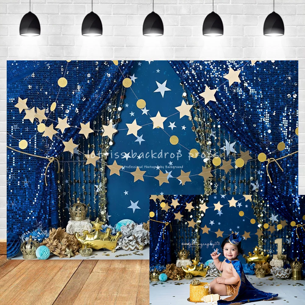 Prince Charming Backdrops Kids Cake Smash Props Blue Curtains Golden Stars Decors Baby Boy Child 1st Birthday Party Background