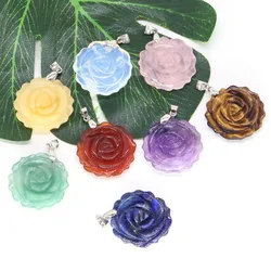 25mm Rose Flower Pendant Natural Healing Crystal Stone Carving For Quartz Jewelry Making Necklace Valentine Love Gifts Wholesale