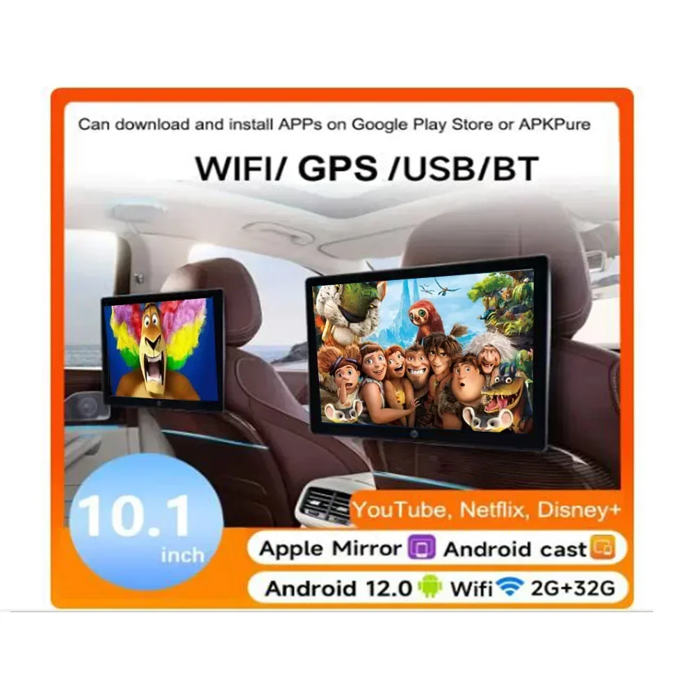 شاشة مسند الرأس IPS Android 12 شاشة تعمل باللمس للكمبيوتر اللوحي لمشغل المقعد الخلفي للسيارة وموسيقى الفيديو وبلوتوث AirPlay HDMI